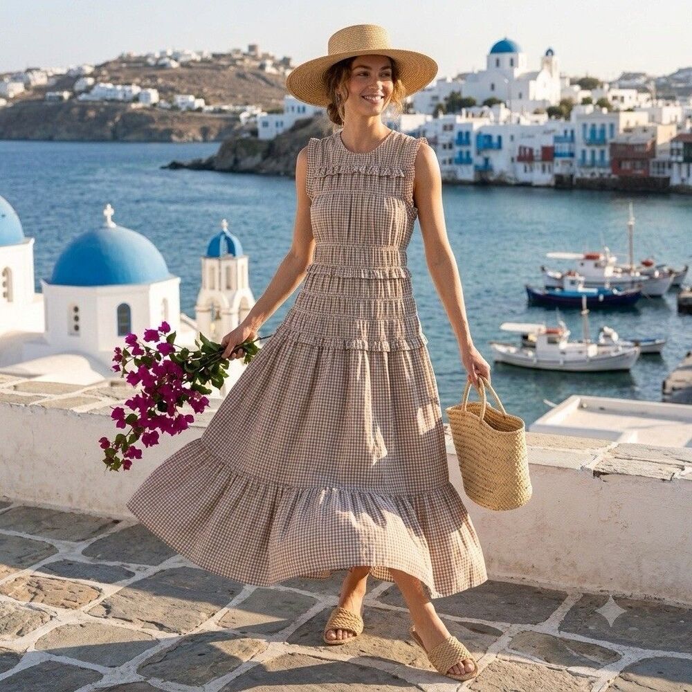 NWT Caroline Constas Tan Gingham Maxi Dress